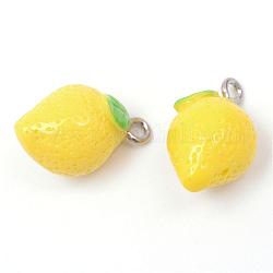 Citron pendentifs en résine, avec les accessoires en fer de tonalité de platine, jaune, 20~24x12x12mm, Trou: 2mm
