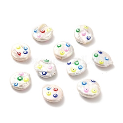 Perlas naturales perlas keshi perlas barrocas, con esmalte colorido, plano y redondo con mal de ojo, color de concha, 17~21x16~17x6.5mm, agujero: 0.9~1 mm
