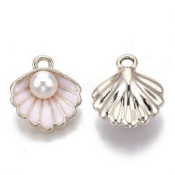 Pendentifs en alliage, avec imitation plastique ABS perle et émail, coquillage avec perle, or clair, rose brumeuse, 16x15x7mm, Trou: 1.5mm