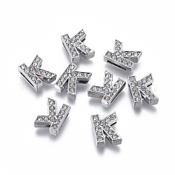 Alloy Initial Slide Charms with Grade A Rhinestones, Lead Free & Nickel Free, Platinum, Letter.K, 12.5x10x4.5mm, Hole: 8x2mm