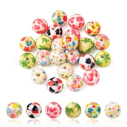 30pcs 6 perles acryliques imprimées opaques de style, rond avec motif feuille de pot/feuille de chanvre, couleur mixte, 10x9.5mm, Trou: 2mm, 5 pièces / style