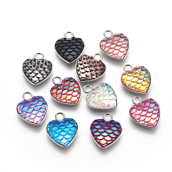 304 Stainless Steel Pendants, with Resin, Heart with Fish Scale Shape, Stainless Steel Color, Mixed Color, 16x13x3.5mm, Hole: 2mm
