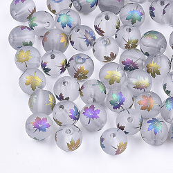 Thème d'automne galvanoplastie perles de verre transparentes, mat, rond avec motif feuille d'érable, colorées, 8~8.5mm, Trou: 1.5mm