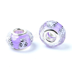 Transparente europäische kunststoffperlen, Großloch perlen, mit platinfarbenem Doppelkern aus Zinklegierung, facettierte Rondelle, lila, 14x9 mm, Bohrung: 5 mm