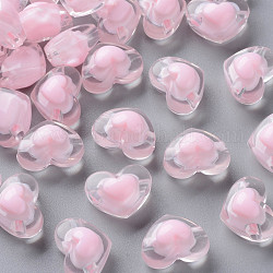 Transparente Acryl Perlen, Perle in Perlen, Herz, rosa, 13x17x9.5 mm, Bohrung: 2.5 mm