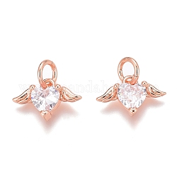 Brass Micro Pave Clear Cubic Zirconia Charms, Long-Lasting Plated, with Jump Rings, Heart with Wing, Real Rose Gold Plated, 8x12x3mm, Hole: 3mm