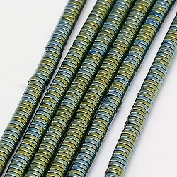 Electroplate non magnetici ematite sintetico fili di perline, perline Heishi, Rotondo piatto / disco, grado a, verde placcato, 2x1mm, Foro: 1 mm, circa 400pcs/filo, 16 pollice