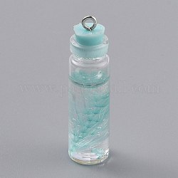 Decorazioni ciondolo bottiglia di vetro trasparente, con interno in piuma e tappo in plastica, acqua, 41x11mm, Foro: 2 mm