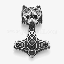 304 Stainless Steel Pendants, Thor's Hammer with Tiger, Antique Silver, 42.5x30x20mm, Hole: 6mm