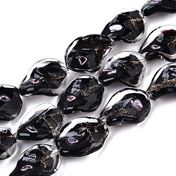 Perles vernissées de sable d'or manuelles , torsion, noir, 20~21x15~16x8~10mm, Trou: 1~1.4mm