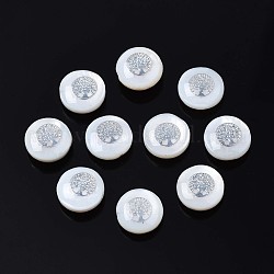 Perles de coquillages naturels d'eau douce, avec des ornements en laiton, rond et plat avec un arbre, platine, 8x4~5mm, Trou: 0.6mm