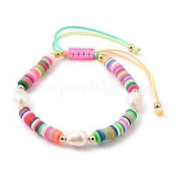 Bracelets réglables de perles tressées avec cordon en nylon, avec des perles heishi en pâte polymère, perles de perles baroques naturelles et perles en laiton, colorées, diamètre intérieur: 2-1/8~4-1/8 pouce (5.5~10.5 cm)