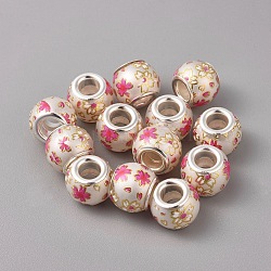 Opaque Printed Glass European Beads, Large Hole Beads, with Brass Silver Color Plated Core, Rondelle with Flower Pattern, Hot Pink, 12x10mm, Hole: 5mm