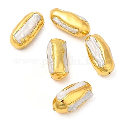 Perle ovali di perle keshi naturali in stile barocco, placcato di lunga durata, con i risultati in ottone placcato oro, colore conchiglia, 31~35x14~16x14~16mm, Foro: 1 mm