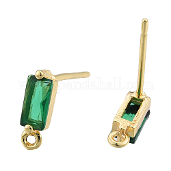 Brass Pave Green Cubic Zirconia Stud Earring Findings, with Horizontal Loops, Rectangle, Nickel Free, Golden, 9x3mm, Hole: 1mm, Pin: 0.8mm
