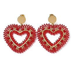 Boucles d'oreilles pendantes en forme de cœur en perles de verre tissé, avec placage sous vide 304 épingles en acier inoxydable, rouge, 55x47mm