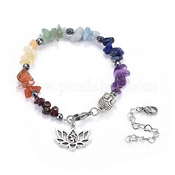 Bracelets de pierres naturelles et synthétiques, avec accessoires en 304 acier inoxydable et accessoires en laiton, lotus, 6-7/8 pouce (17.4 cm)