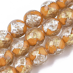 Cordes de perles de lampwork en sable dorées faites à la main, moitié feuille d'argent et moitié feuille d'or, ronde, orange foncé, 11.5~12.5x11~12mm, Trou: 1.2mm, Environ 45 pcs/chapelet, 20.08 pouce