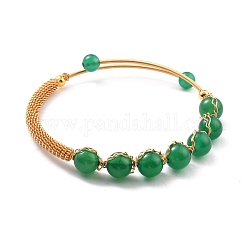 Bracciale rigido con perline in agata verde naturale, bracciale aperto da donna avvolto in filo di ottone dorato, piombo & cadimo libero, diametro interno: 2-1/8 pollice (5.5 cm)