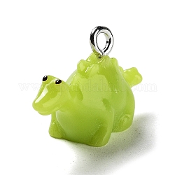 Opaque Resin Pendants, Dinosaur Charms with Platinum Plated Iron Loops, Yellow Green, 13x22.5x8.5mm, Hole: 1.7mm