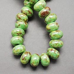 Perles européennes en porcelaine manuelles, Perles avec un grand trou   , nacré, rondelle, vert clair, 12x9mm, Trou: 4mm