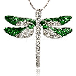 Alliage émail libellule gros pendentifs, avec strass cristal, platine, verte, 57x64x5mm, Trou: 2mm
