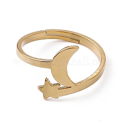 Ion Plating(IP) 201 Stainless Steel Moon & Star Adjustable Ring for Women, Real 18K Gold Plated, US Size 6 1/4(16.7mm)