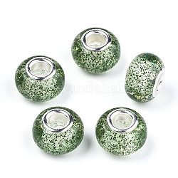 Perle europee in resina epossidica, perline con foro grande, con polvere glitterata e doppio core in ottone color platino, rondelle, verde mare medio, 14x9mm, Foro: 5 mm