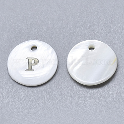 Breloque de coquille de nacre blanche naturelle, avec autocollant de fer, plat rond avec la lettre, letter.p, 13x2mm, Trou: 1.5mm