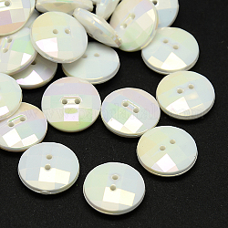 Taiwan bottoni acrilico, lustro di perla, sfaccettato, 2-foro, rotondo e piatto, bianco, 15x5mm, Foro: 1 mm