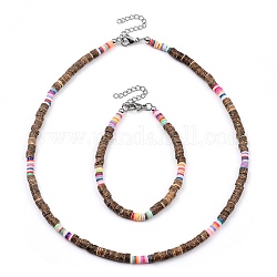 Heishi Perlen Armbänder & Halsketten Sets, mit natürlicher Kokosnuss, handgefertigte Heishi-Perlen aus Fimo und Hummerkrallenverschlüsse aus Edelstahl, Farbig, 16.25 Zoll (41.3 cm), 7-1/4 Zoll (18.3 cm)