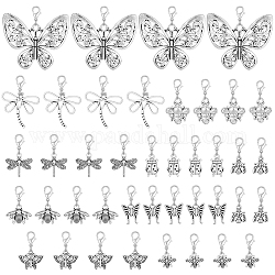Insect Theme Tibetan Style Alloy Pendant Decoration, with Lobster Claw Clasps, Dragonfly/Bee/ButterflyLadybug, Antique Silver & Platinum, 25~52mm, 10 style, 4pcs/style, 40pcs/set