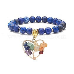 Bracelet extensible en lapis-lazuli naturel (teint), yoga chakra mixte pierres précieuses chips coeur avec bracelet à breloques arbre pour femme, diamètre intérieur: 2-1/8 pouce (5.4 cm)