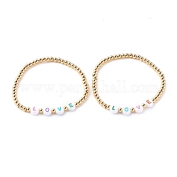 Round Brass Stretch Beaded Bracelets, for Valentine's Day, with Acrylic Letter Beads, Word Love, Golden, Colorful, Inner Diameter: 2-1/4 inch(5.7cm)