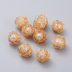 Copper Wire Beads, with Plastic Imitation Pearl Beads Inside and Cardboard Packing Box, Round, Light Gold, 14~15mm