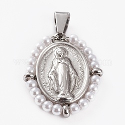 316 pendentifs chirurgicaux en acier inoxydable, avec de l'acrylique perle des perles d'imitation, ovale avec la Vierge Marie, couleur inoxydable, 30x24x4mm, Trou: 8x4.5mm