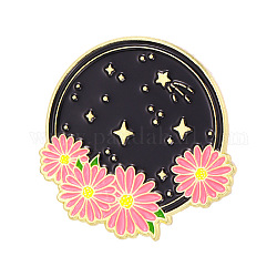 Broches en alliage thème printemps, épinglette lune et fleur en émail, pour les vêtements de sac à dos, or, flamant, 30x30mm