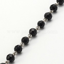 Main facettes rondes perles de verre colliers bracelets chaînes pour création de, avec épingle à oeil en fer, non soudée, noir, 39.3 pouce, Environ 94 pcs/chapelet
