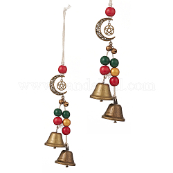 Christmas Theme Schima Wood Beaded Pendant Decorations, Iron Bell Wind Chimes with Alloy Moon & Star, Colorful, 290mm
