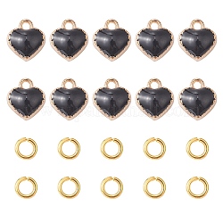 Heart Alloy Enamel Charms, with Brass Open Jump Rings, Black, Charms: 8x7.5x2.5mm, hole: 1.5mm, 10pcs; Jump Rings: 20 Gauge, 4x0.8mm, Inner Diameter: 2.4mm, 10pcs