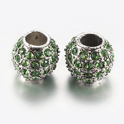 Perles européennes en alliage avec strass, Perles avec un grand trou   , rondelle, platine, pelouse verte, 10.5x9.5mm, Trou: 5mm