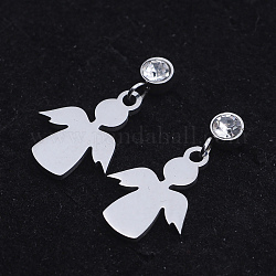 201 Stainless Steel Dangle Stud Earrings, with Clear Cubic Zirconia, Angel, Stainless Steel Color, 21mm, Pin: 0.8mm