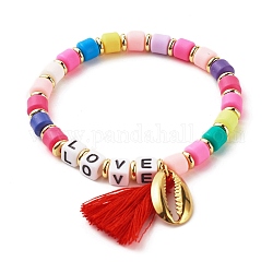 Mot amour perles bracelet extensible pour fille femmes, bracelet à breloques en forme de coquillage cauri et pampille, or, colorées, diamètre intérieur: 2-1/8 pouce (5.5 cm)
