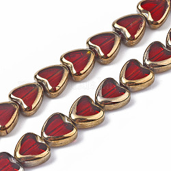 Chapelets de perles en verre électroplaqué, bord plaqué, cœur, rouge, 8x8x4mm, Trou: 1mm, Environ 35 pcs/chapelet, 10.24 pouce (26 cm).