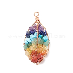 Chakra Natural Mixed Stone Chip Big Pendants, Natural Red Jasper & Red Aventurine & Howlite & Citrine & Amethyst & Green Aventurine & Lapis Lazuli, with Copper Wire Wrapped, Leaf, Mixed Dyed and Undyed, Champagne Gold, 61~64x29~30x9mm, Hole: 4.4~4.7mm