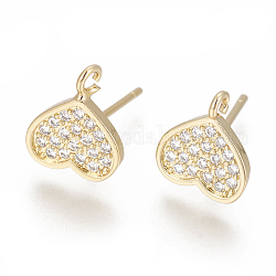 Brass Stud Earring Findings, with Cubic Zirconia and Loop, Heart, Clear, Golden, 10x9mm, Hole: 1.2mm, Pin: 0.8mm