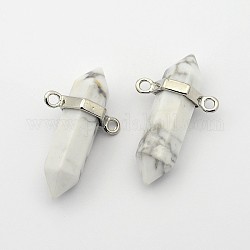 Natural Howlite Bullet Pointed Pendants, with Platinum Plated Brass Findings, Lead Free & Nickel Free, 26~35x19x9~10mm, Hole: 2mm