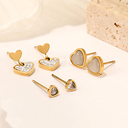 Set di orecchini a bottone con cuore di conchiglia, 304 gioiello in acciaio inossidabile con strass da donna, oro, 4.3~12.2x4.3~8.3mm, 3 coppie / set
