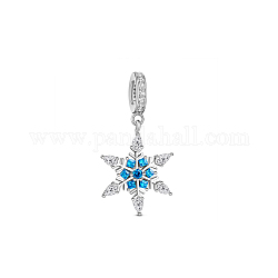 TINYSAND 925 Sterling Silver Snowflake European Dangle Charms, with Cubic Zirconia, Winter Blue Snowflake, Platinum, 28.56x16.53x8.22mm, Hole: 4.56mm