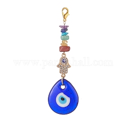 Evil Eye Lampwork Pandant Decorations, with Alloy Rhinestone Links and Stainless Steel Lobster Claw Clasps, Gemstone Chip Bead, Teardrop, 104mm